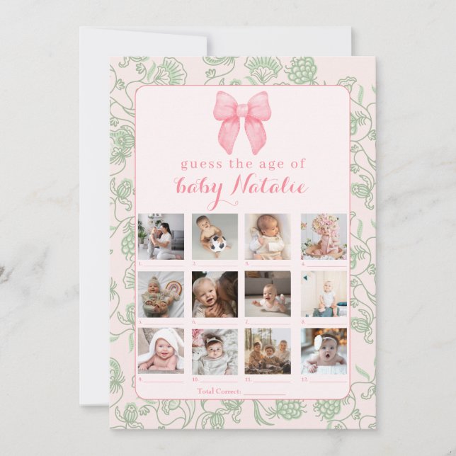 Pink Bow Sage Green Baby Girl Shower Game Invitation (Front)