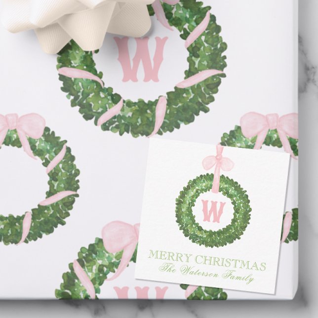 Pink Bow Sash Christmas Monogram Wreath Enclosure Card (Creator Uploaded)