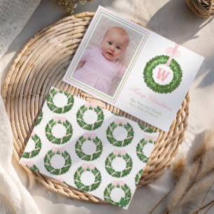 Pink Bow Sash Christmas Monogram Wreath Holiday Card