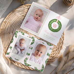 Pink Bow Sash Christmas Monogram Wreath Holiday Card