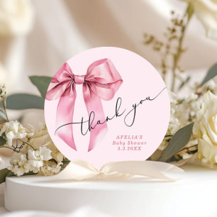 Pink Bow script Baby shower Thank you Classic Round Sticker