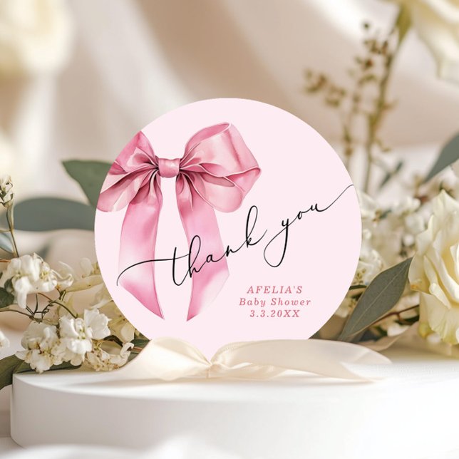 Pink Bow script Baby shower Thank you Classic Round Sticker (Creator Uploaded)