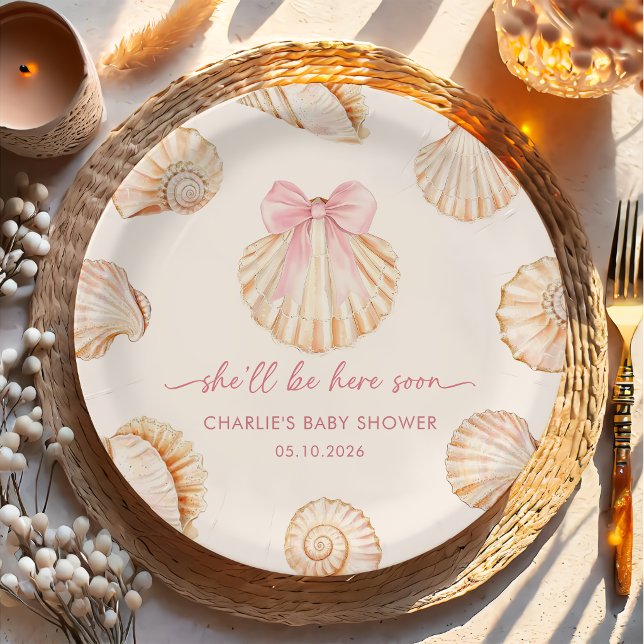 Pink Bow Seashell Baby Shower  Paper Plates (Creator Uploaded)