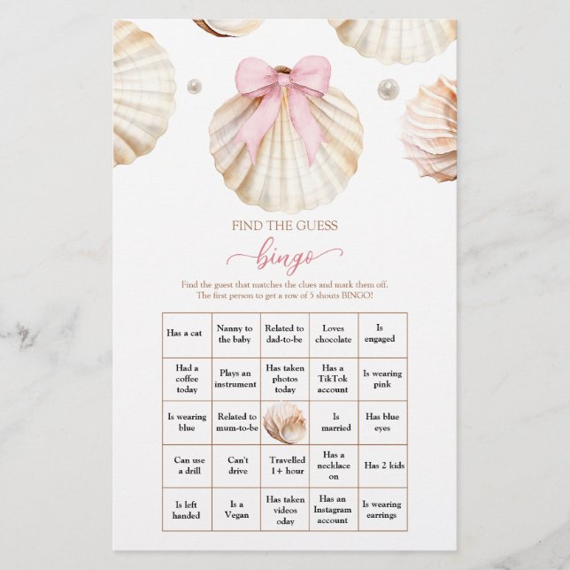 Pink Bow Shell Baby Shower Find The Guest Bingo (Front)