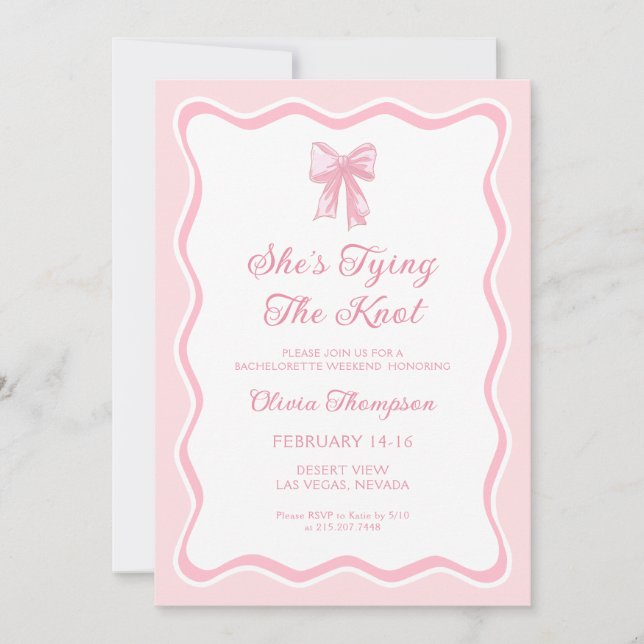 Pink Bow She's Tying the Knot Bachelorette Party Invitation (Front)