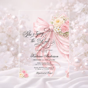 Pink Bow She's Tying the Knot Bridal Shower Acrylic Invitations