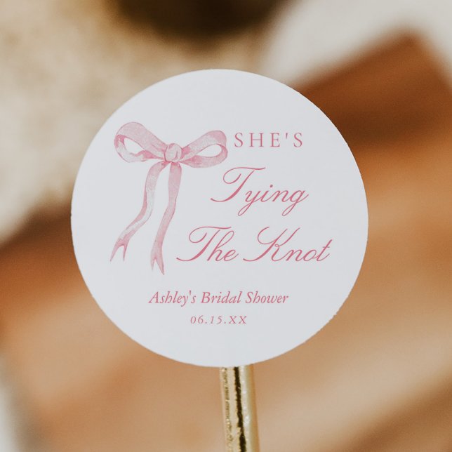 Pink Bow She's Tying The Knot Bridal Shower Classic Round Sticker (Creator Uploaded)