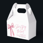 Pink Bow She's Tying the Knot Bridal Shower Favour Box<br><div class="desc">The "Pink Bow: She's Tying the Knot" Bridal Shower Favour Box is a charming and elegant way to thank guests for attending the celebration. Each favour box features a delicate pink bow design, adding a touch of sophistication to the presentation. Guests can open the box to reveal a sweet treat,...</div>