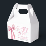 Pink Bow She's Tying the Knot Bridal Shower Favour Box<br><div class="desc">The "Pink Bow: She's Tying the Knot" Bridal Shower Favour Box is a charming and elegant way to thank guests for attending the celebration. Each favour box features a delicate pink bow design, adding a touch of sophistication to the presentation. Guests can open the box to reveal a sweet treat,...</div>