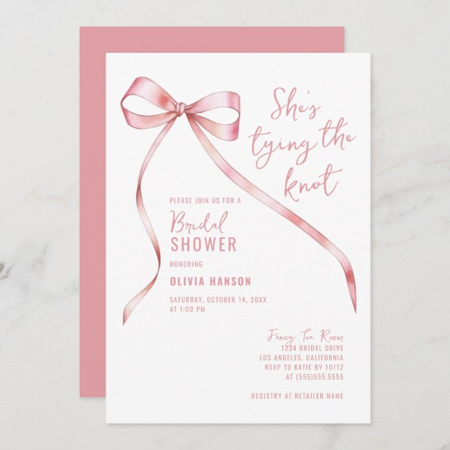 Pink Bow She's Tying the Knot Bridal Shower Invitation (Front/Back)