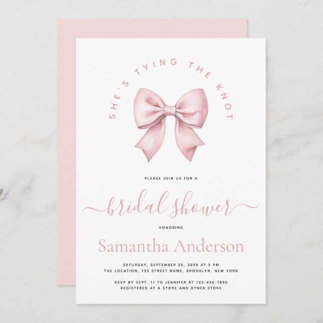 Pink Bow She's Tying the Knot Bridal Shower Invitation (Front/Back)