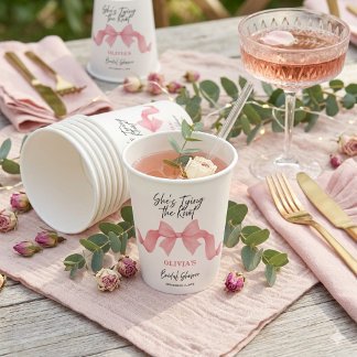 Pink Bow She's Tying the Knot Bridal Shower Paper Cups
