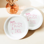Pink Bow Shes Tying The Knot Bridal Shower Paper Plate<br><div class="desc">Pink Bow Shes Tying The Knot Bridal Shower Paper Plates
This lovely Pink Bow Bridal Shower Paper Plates features a hand painted bow with modern typography. A perfect way to accent your special day! Text and background colours are editable >>> Click the "Edit Using Design Tool" button to edit!</div>