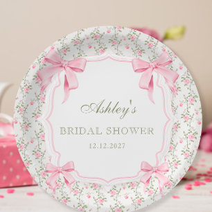 Pink Bow She's Tying the Knot Bridal Shower Paper Plate