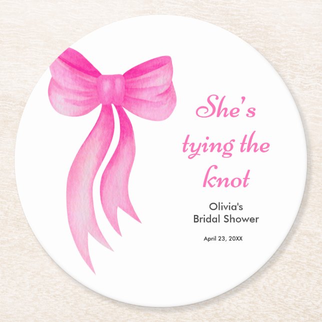 Pink Bow She's Tying the Knot Bridal Shower  Round Paper Coaster (Front)