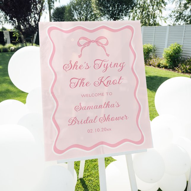 Pink Bow Shes Tying the Knot Bridal Shower Welcome Acrylic Sign (Creator Uploaded)