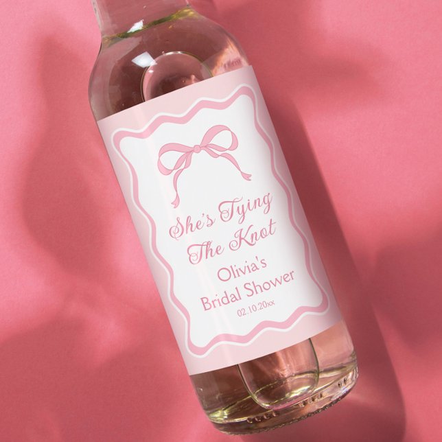 Pink Bow Shes Tying the Knot Bridal Shower Wine Label (Creator Uploaded)