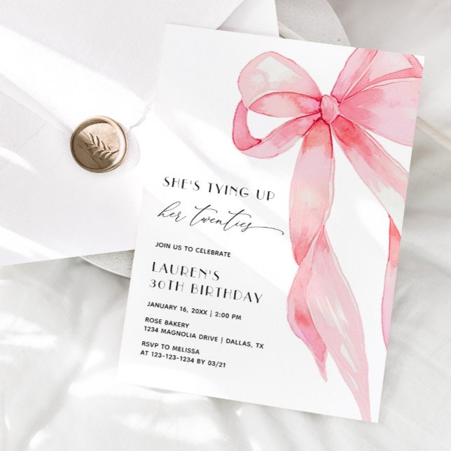 Pink Bow She's Tying Up Her Twenties 30th Birthday Invitation (Creator Uploaded)