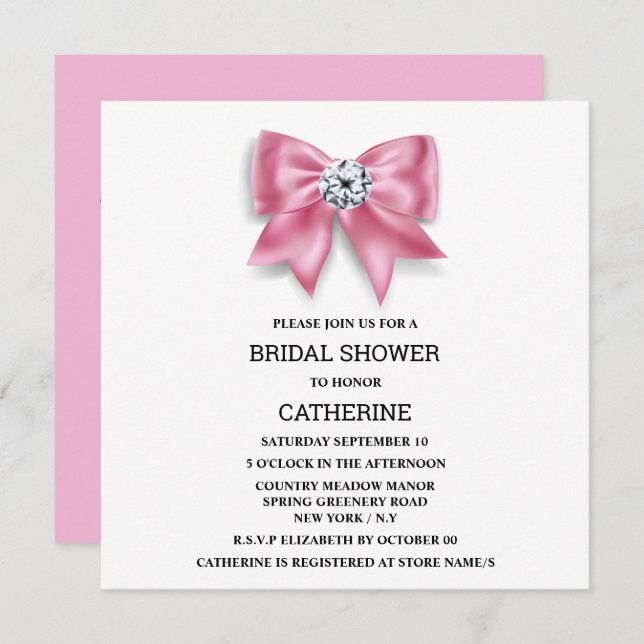 Pink bow shimmer diamond bridal shower invitation (Front/Back)