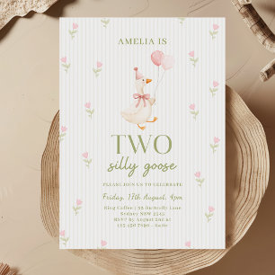 Pink Bow Silly Goose Balloons Floral 2nd Birthday Invitation