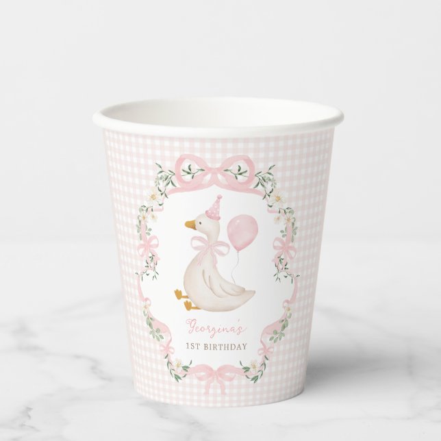 Pink Bow Silly Goose Girl 1st Birthday Paper Cups (Front)