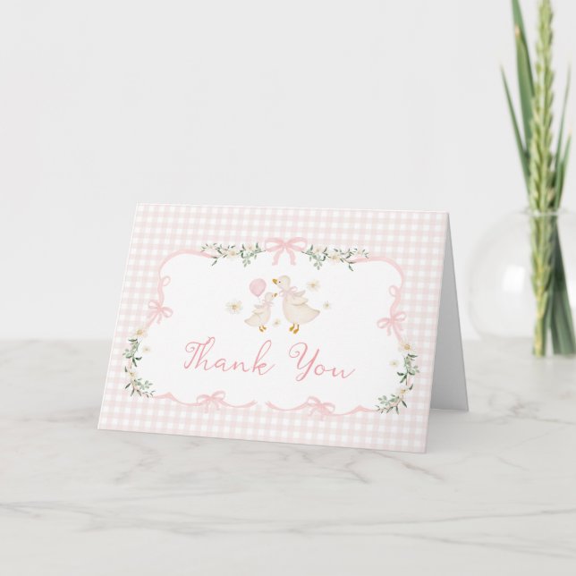 Pink Bow Silly Goose Girl Baby Shower Thank You Card (Front)