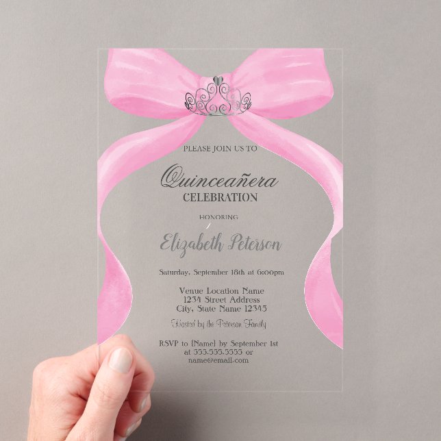 Pink Bow Silver Crown Quinceañera Acrylic Invitations (Insitu (Handheld))