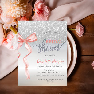Pink Bow Silver Glitter Bokeh Bridal Shower Invitation