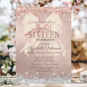 Pink Bow Silver Glitter Drips Rose Gold  Sweet 16 Invitation