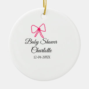 PINK BOW SIMPLE BABY SHOWER ADD NAME DATE MINIMAL CERAMIC ORNAMENT