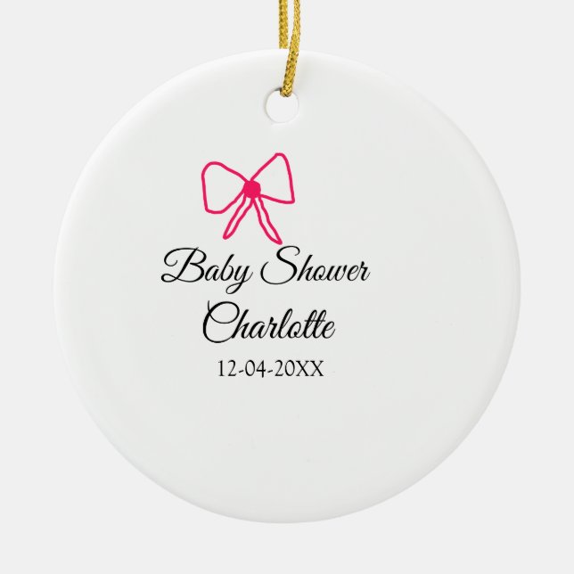 PINK BOW SIMPLE BABY SHOWER ADD NAME DATE MINIMAL CERAMIC ORNAMENT (Front)