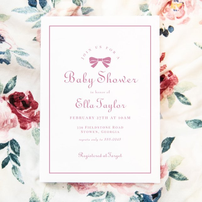 Pink Bow Simple Elegant Girl Baby Shower Invitation (Creator Uploaded)