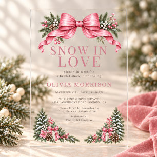 Pink Bow Snow in Love Bridal Shower Acrylic Invitations