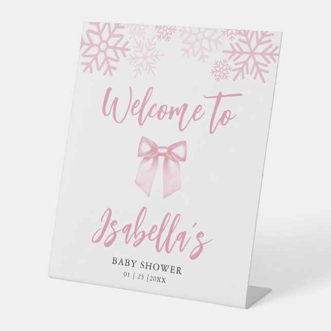 Pink Bow Snowflake Baby Shower Welcome Pedestal Sign (Front)