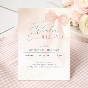Pink Bow Snowflake Winter Onederland 1st Birthday Invitation