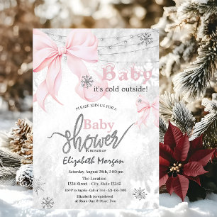  Pink Bow Snowflakes String Lights Baby Shower Invitation