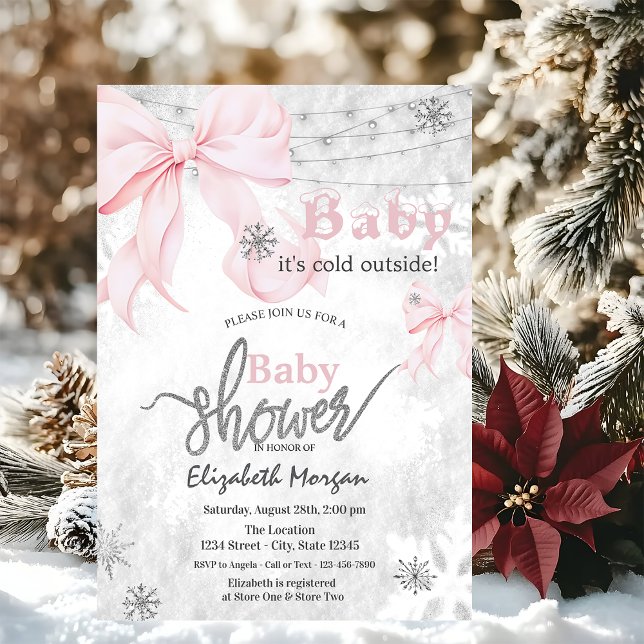 Pink Bow Snowflakes String Lights Baby Shower Invitation (Creator Uploaded)