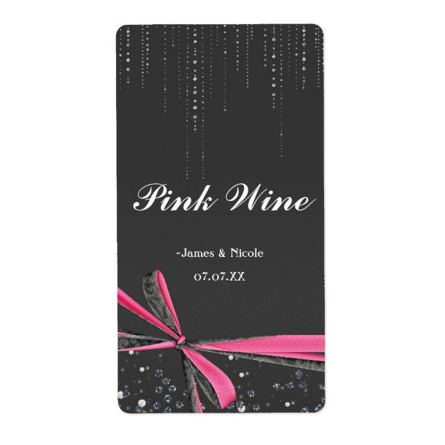 Pink Bow Sparkle Bling Party Wine Label (Front)