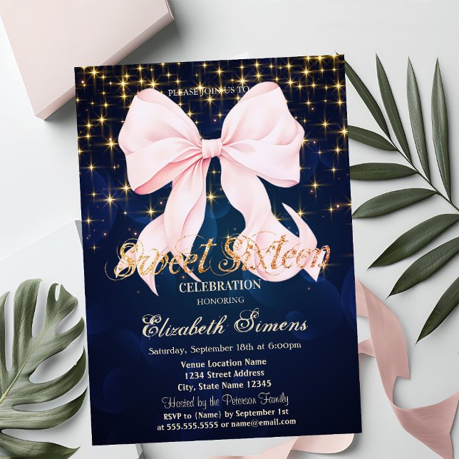 Pink Bow Sparkle Navy Blue Invitation (Creator Uploaded)