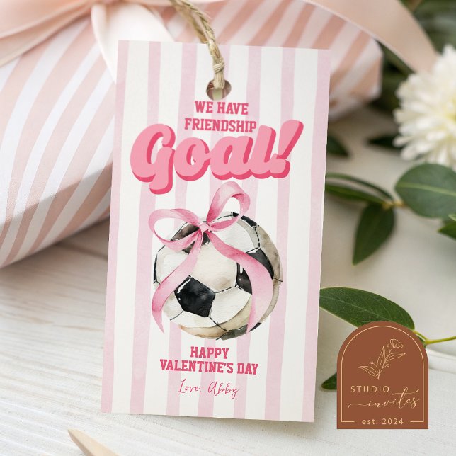 Pink Bow Sports Soccer Stripe Valentine Tag (Creator Uploaded)