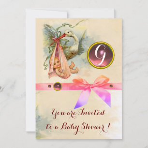 PINK BOW STORK GIRL BABY SHOWER GEMSTONE MONOGRAM INVITATION