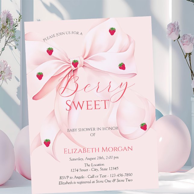 Pink Bow Strawberries Baby Shower Acrylic Invitations (Creator Uploaded)