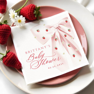 Pink Bow Strawberries Baby Shower Napkin