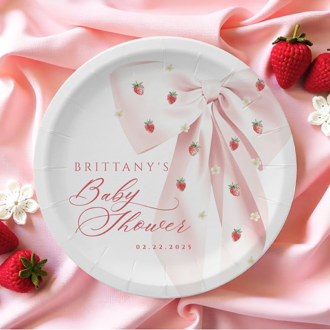 Pink Bow Strawberries Baby Shower Paper Plate (Creator Uploaded)
