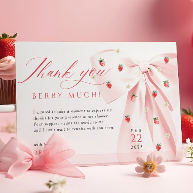 Pink Bow Strawberries Baby Shower Thank You Card (Creator Uploaded)