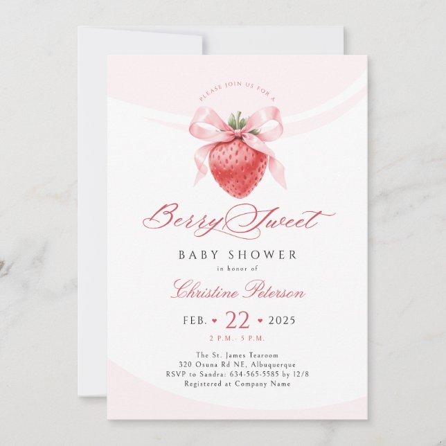 Pink Bow Strawberry Baby Shower Invitation (Front)