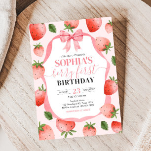 Pink Bow Strawberry Berry First Birthday Party Invitation