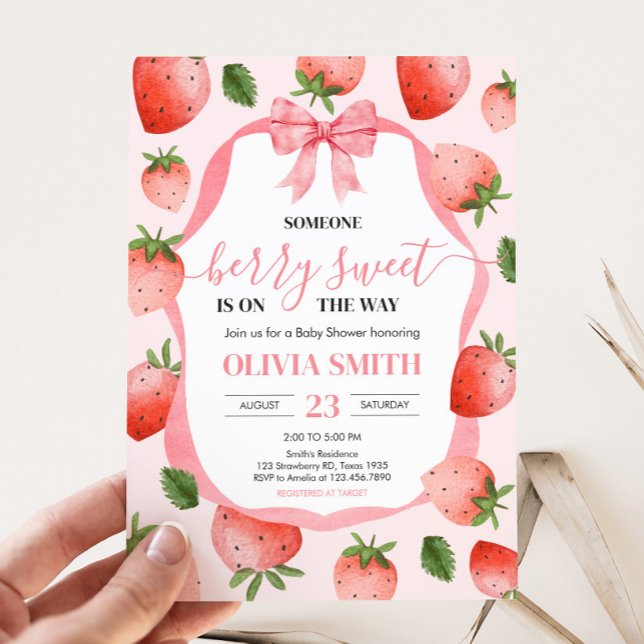 Pink Bow Strawberry Berry Sweet Baby Shower Invitation (Pink Coquette Strawberry Berry Sweet Birthday Party Invitation)