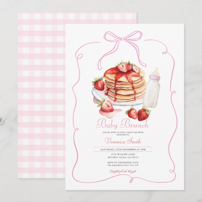 Pink Bow Strawberry Pancake Baby Brunch Invitation (Front/Back)