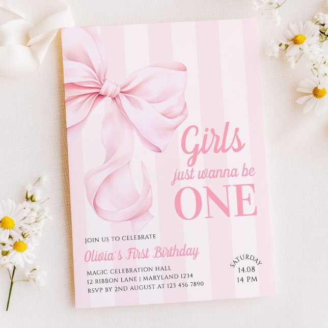 Pink Bow Stripes First Birthday Invitation (Creator Uploaded)